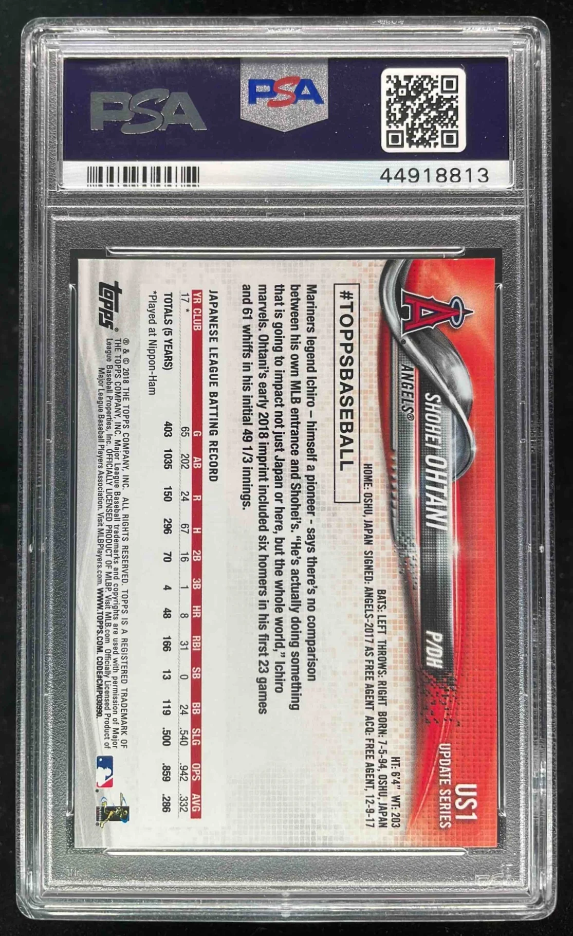 2018 Topps Update #US1a Shohei Ohtani RC PSA 10 - Image 2