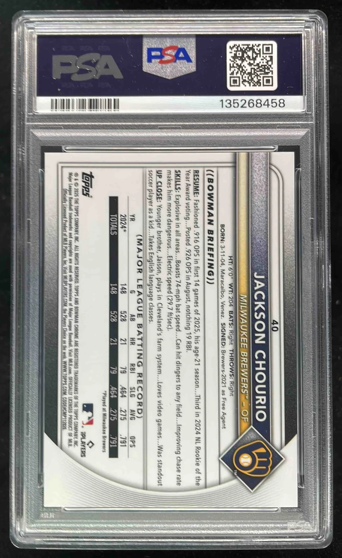 2025 Bowman Chrome Red Geometric Refractor #40 Jackson Chourio /5 PSA 10 - Image 2