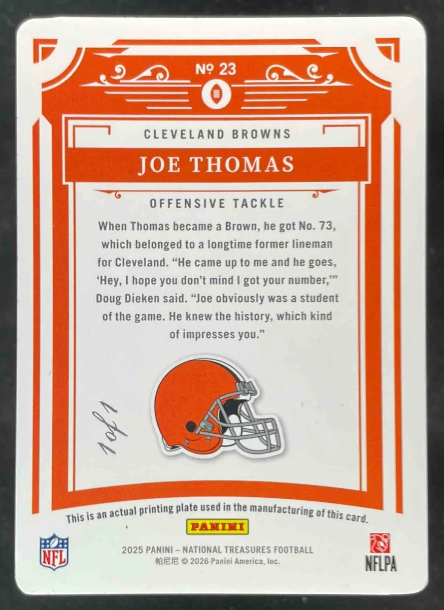 2025 Panini National Treasures Printing Plates Magenta #23 Joe Thomas 1/1 - Image 2