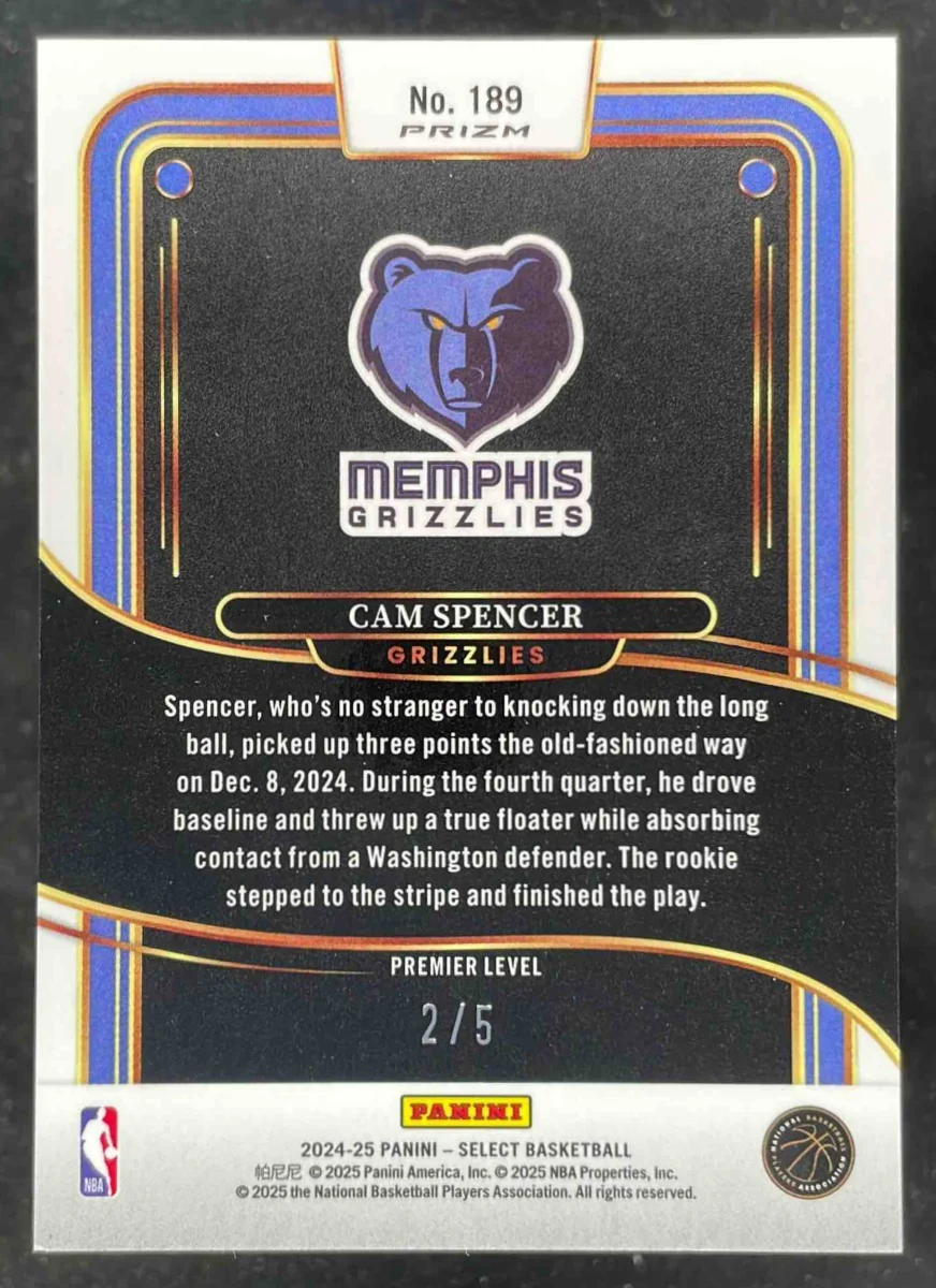 2024 Panini Select Premier Neon Purple Pulsar Prizm FOTL #189 Cam Spencer RC /5 - Image 2
