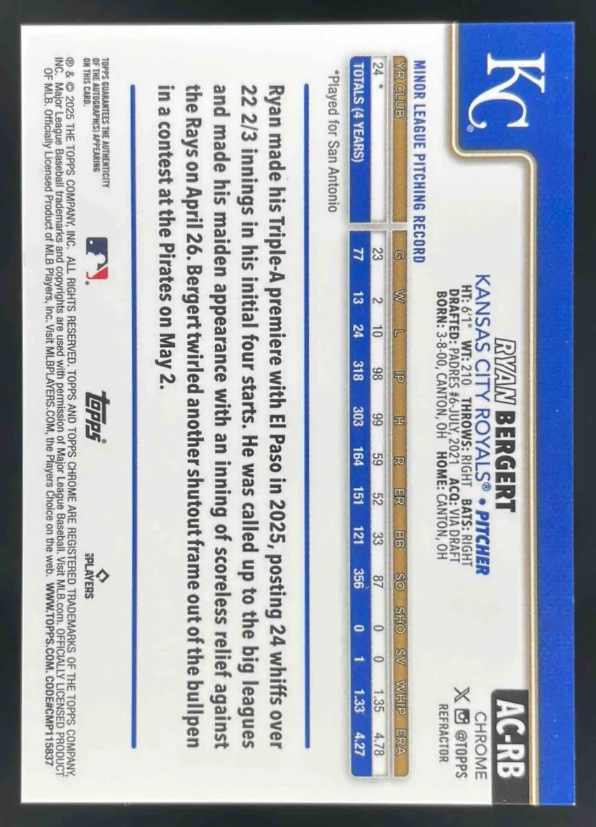 2025 Topps Chrome Update Autograph Refractor #AC-RB Ryan Bergert RC Auto /499 - Image 2