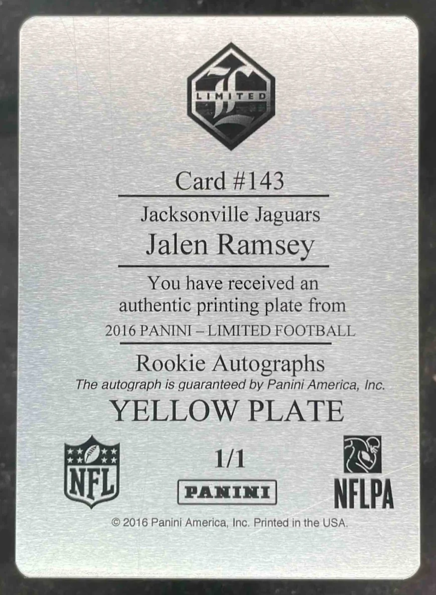 2016 Limited Printing Plate Yellow #143 Jalen Ramsey Auto 1/1 - Image 2