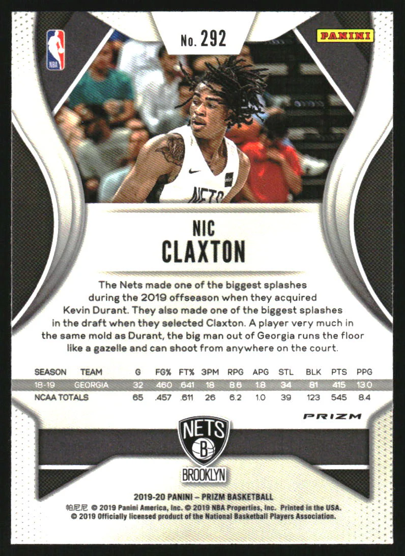 2019-20 Panini Prizm Prizms Choice Tiger Stripe #292 Nicolas Claxton RC Rookie - Image 2