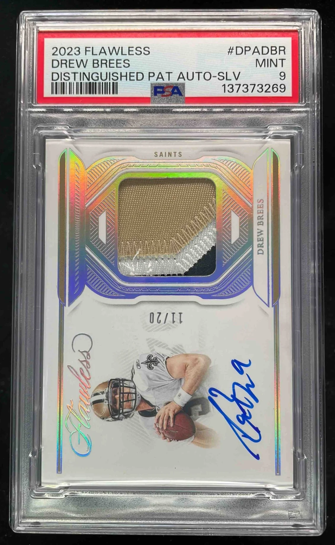 2023 Flawless Distinguished Patch Auto Silver Drew Brees /20 PSA 9