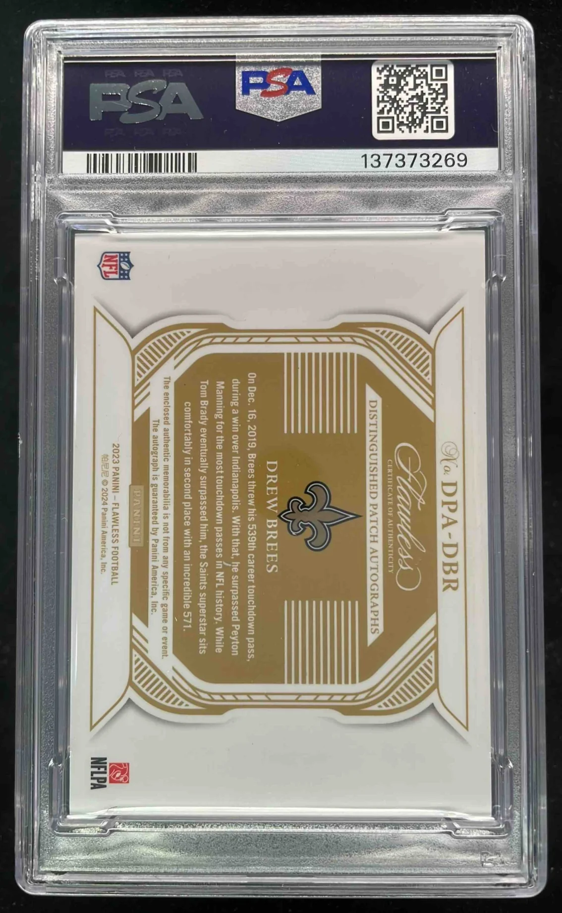 2023 Flawless Distinguished Patch Auto Silver Drew Brees /20 PSA 9 - Image 2