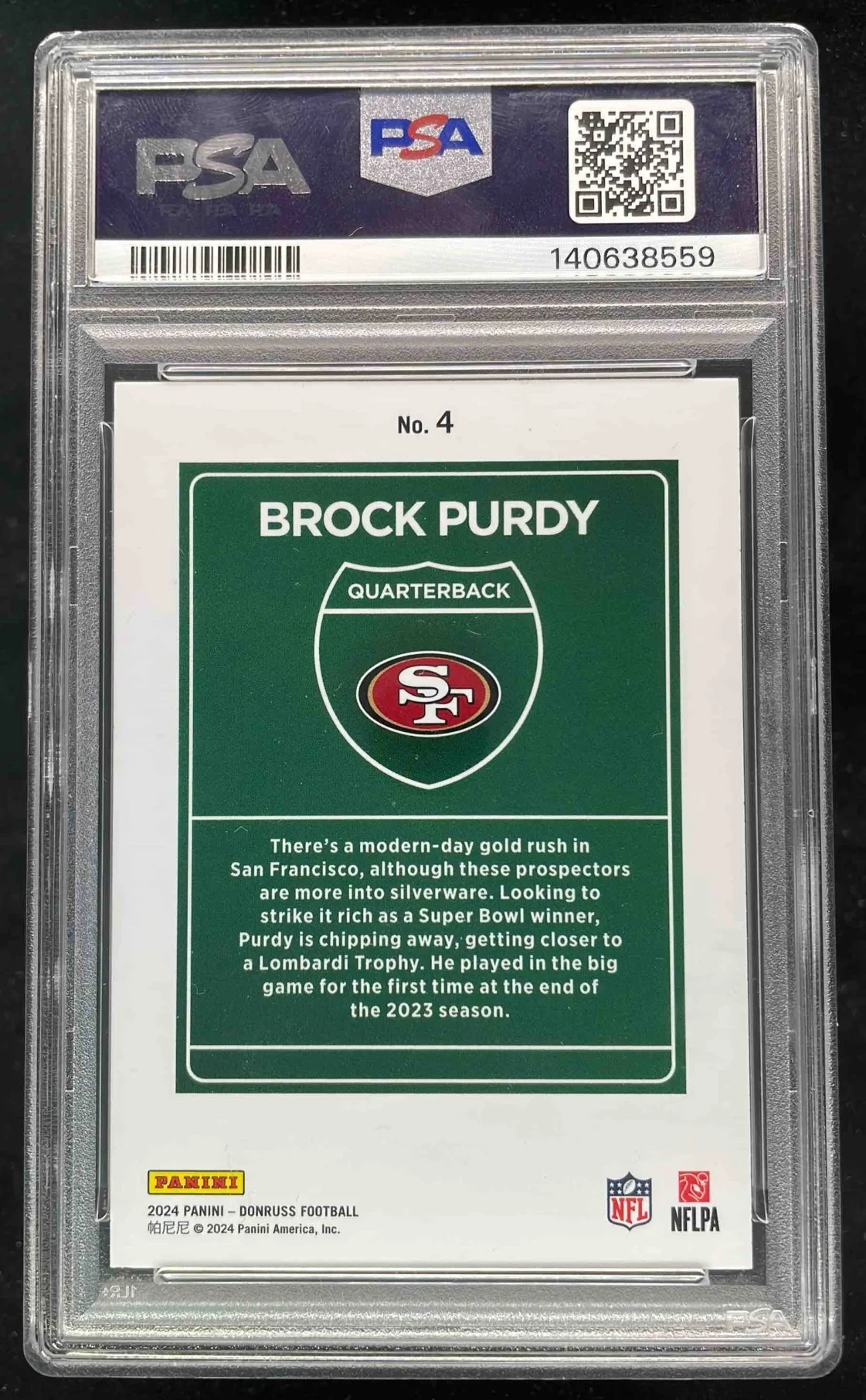 2024 Panini Donruss Downtown! SSP #4 Brock Purdy PSA 8 - Image 2