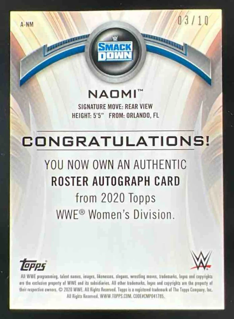 2020 Topps WWE Women's Division Roster Autographs Gold #A-NM Naomi Auto /10 - Image 2