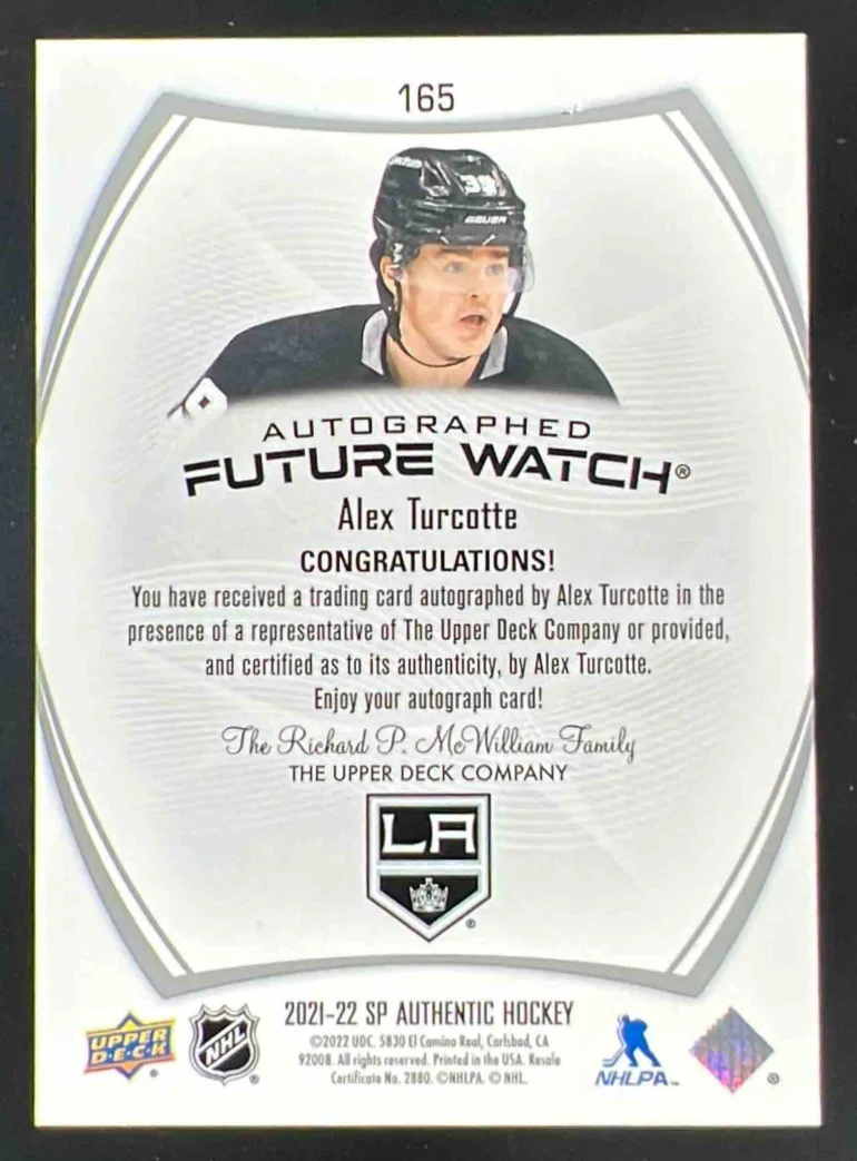 2021-22 SP Authentic #165 Alex Turcotte Autograph RC Future Watch Auto /999 - Image 2