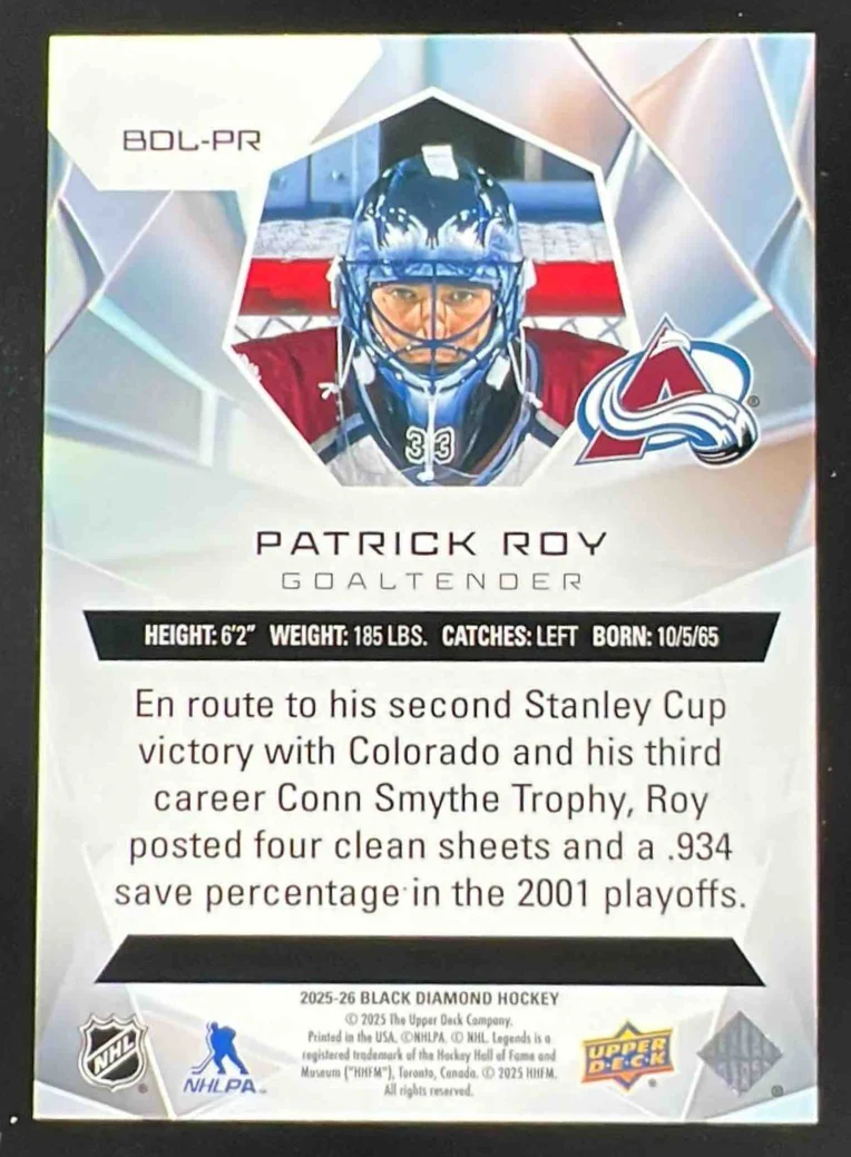 2025-26 Upper Deck Black Diamond Diamond Legends #BDL-PR Patrick Roy /249 - Image 2