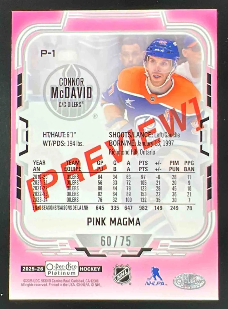 2025 Upper Deck O-Pee-Chee Platinum Previews Pink Magma #P-1 Connor McDavid /75 - Image 2