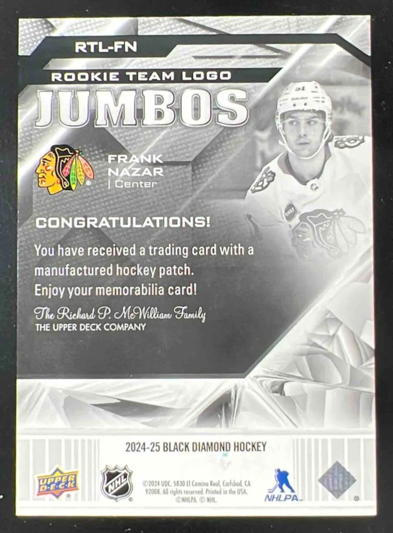 2024 Black Diamond Rookie Team Logo Jumbos Puzzle Patch #RTL-FN Frank Nazar - Image 2