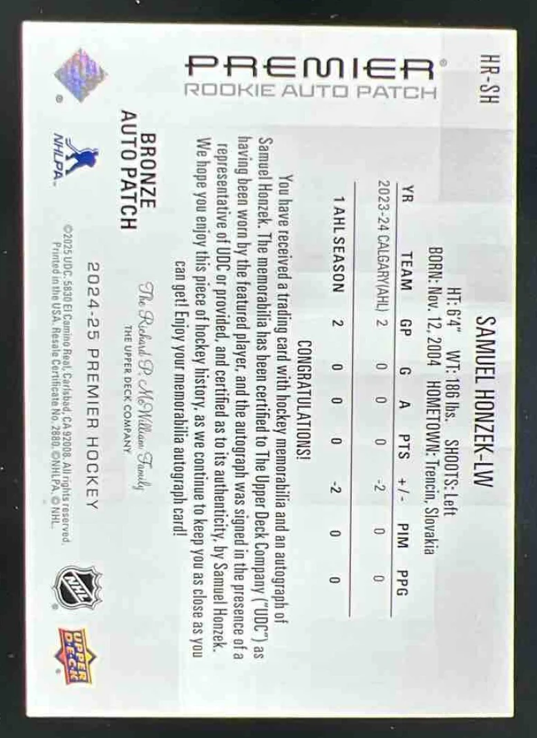 2024-25 Upper Deck Premier Acetate Patch Horizontal #HRSH Samuel Honzek Auto /99 - Image 2