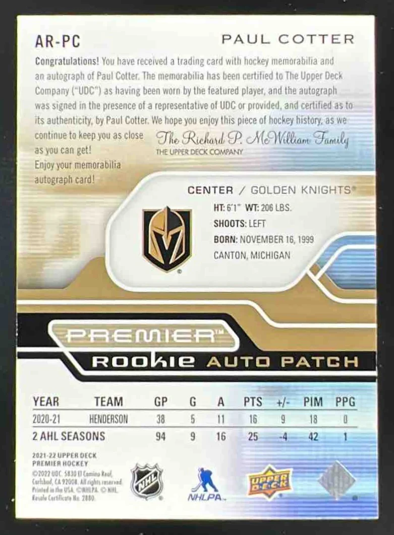 2021-22 Upper Deck Premier Acetate Rookie Patch Auto Gold Paul Cotter RC /65 - Image 2