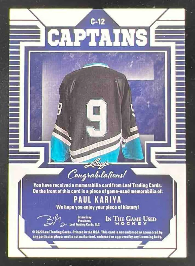 2022 Leaf In The Game Used Captains Relics Silver Sparkle #C-12 Paul Kariya /20 - Image 2