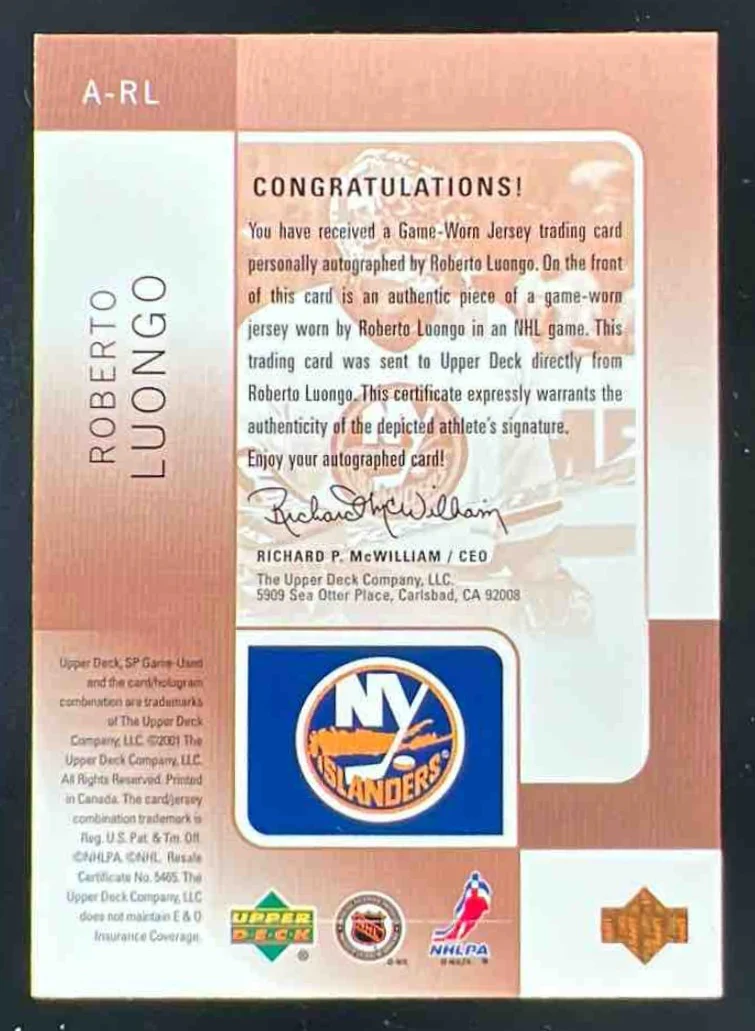 2000-01 SP Game Used Tools of the Game Bronze #A-RL Roberto Luongo Auto /300 - Image 2