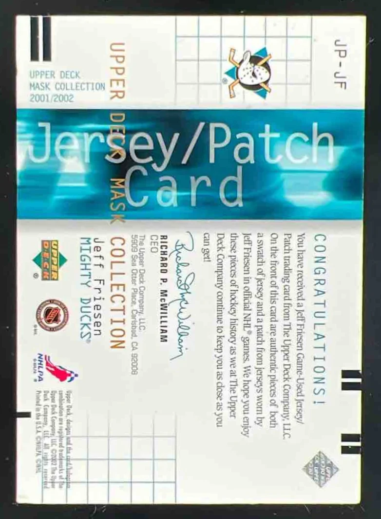 2001-02 Upper Deck Mask Collection Jersey and Patch #JP-JF Jeff Friesen /100 - Image 2