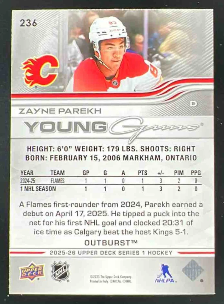 2025 Upper Deck Series 1 Outburst Silver #236 Zayne Parekh Young Guns RC - Image 2