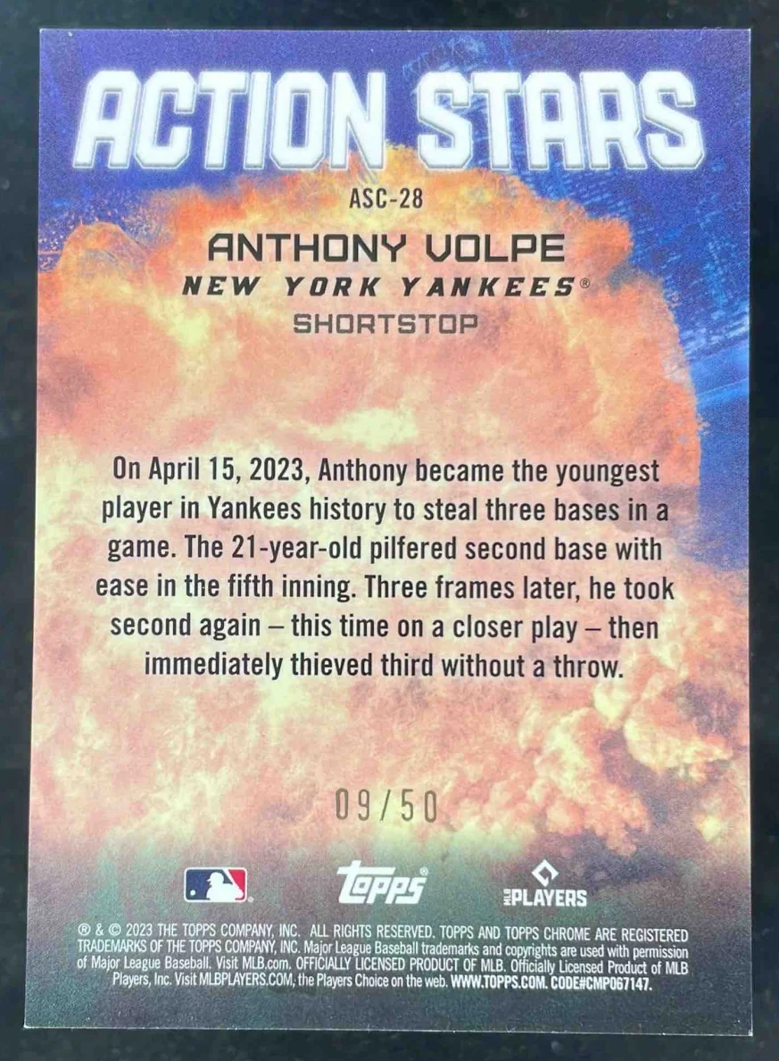 2023 Topps Chrome Update Action Stars Gold #ASC-28 Anthony Volpe RC /50 - Image 2