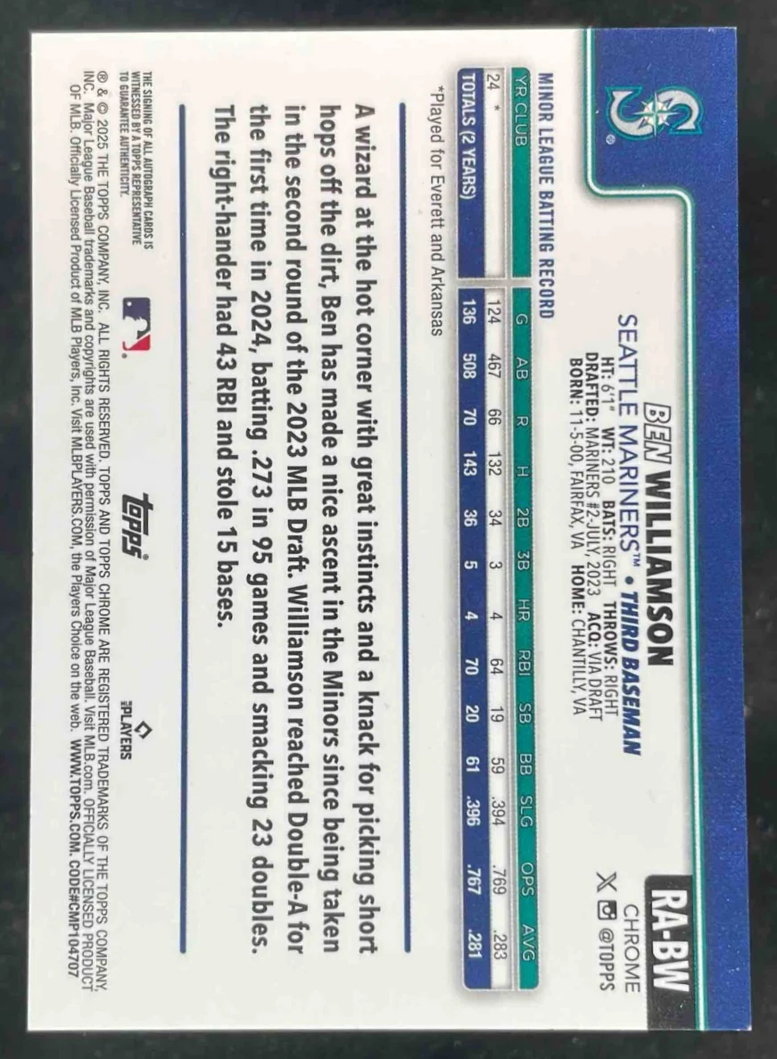 2025 Topps Chrome Rookie Autograph Green Ben Williamson RC Auto /99 - Image 2