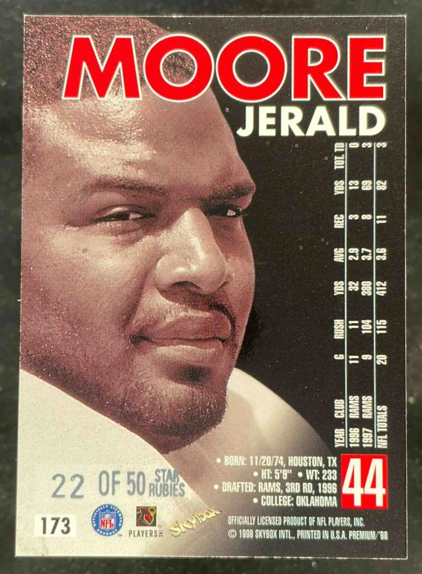 1998 Skybox Premium Star Rubies #173 Jerald Moore /50 - Image 2