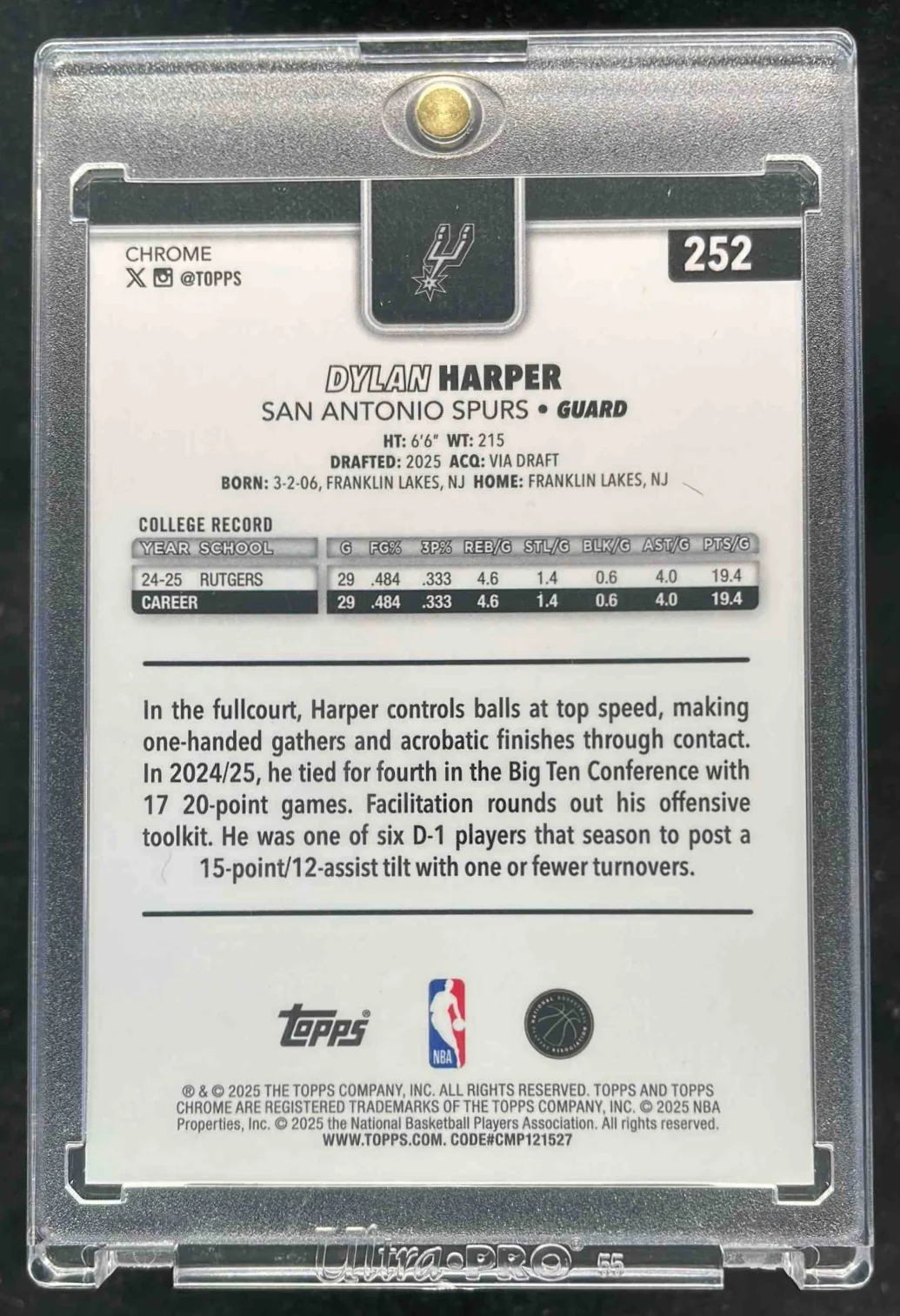 2025-26 Topps Chrome Orange Basketball Refractor #252 Dylan Harper RC /25 - Image 2
