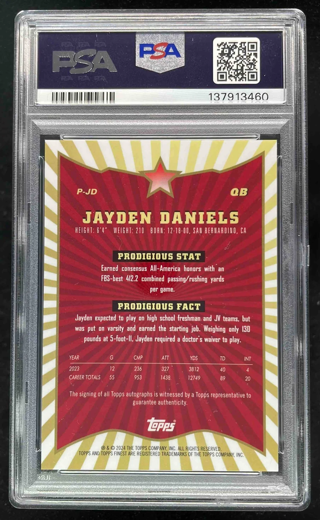 2024 Topps Finest Prodigies Blue Checkerboard Jayden Daniels RC Auto /99 PSA 10 - Image 2