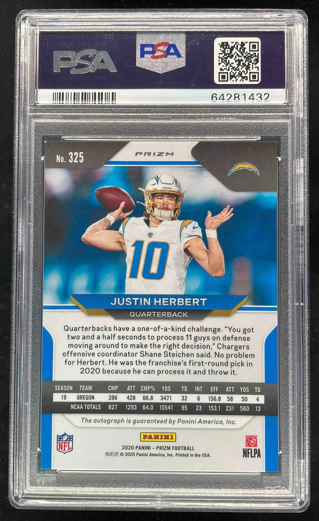 2020 Panini Prizm Rookie Autographs Silver #325 Justin Herbert RC Auto PSA 9 - Image 2