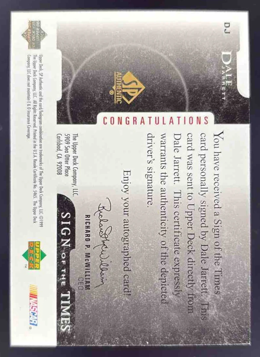1999 SP Authentic Sign of the Times #DJ Dale Jarrett - Image 2