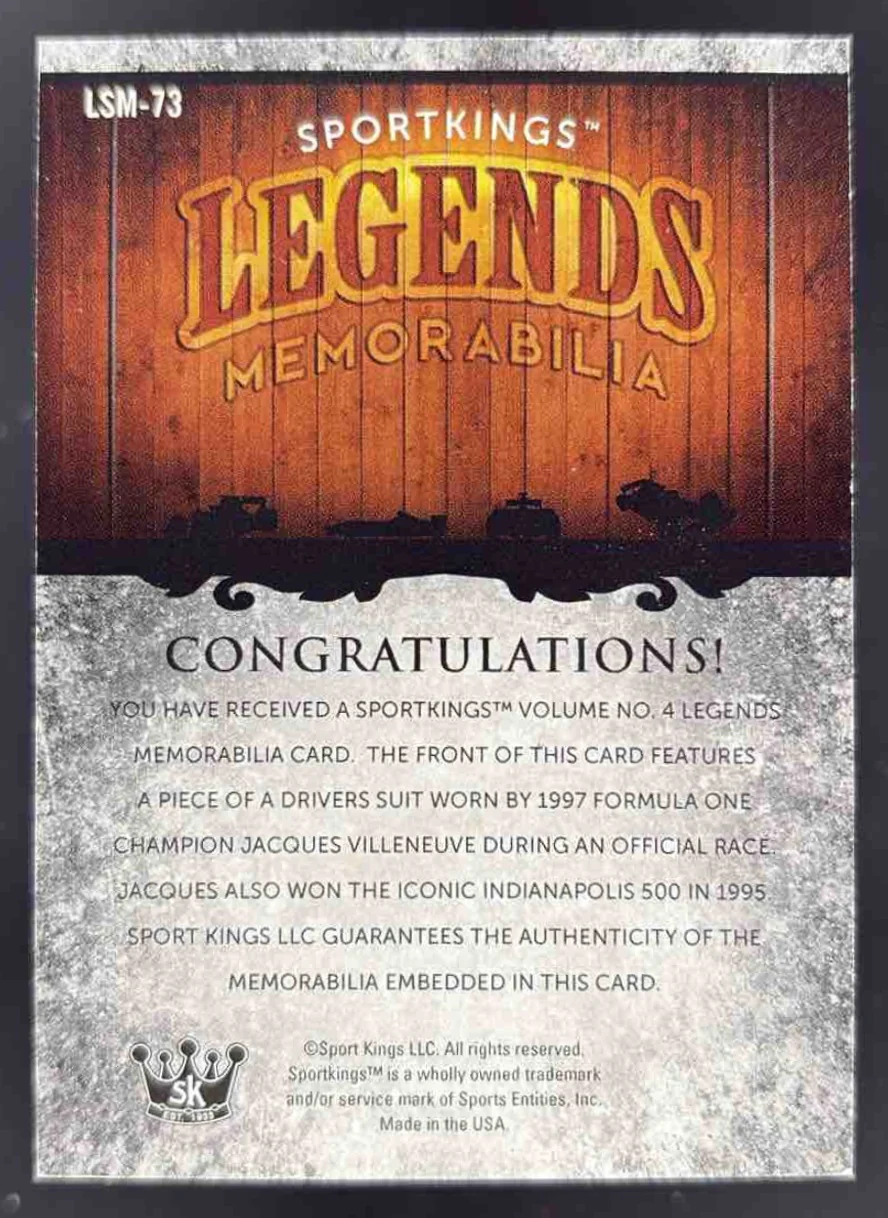 Sportskings Legends Memorabilia #LSM-73 Jacques Villeneuve - Image 2