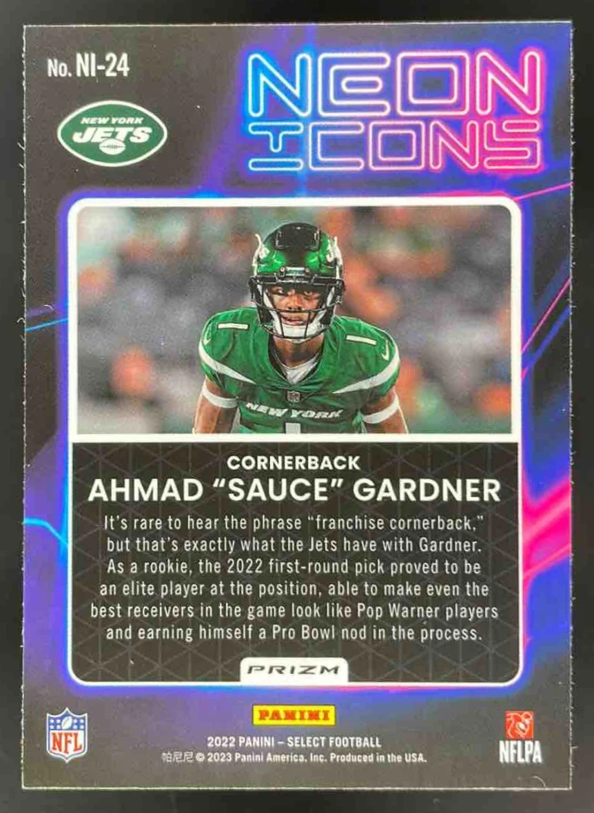 2022 Panini Select Neon Icons Silver Prizm #NI-24 Ahmad "Sauce" Gardner RC - Image 2