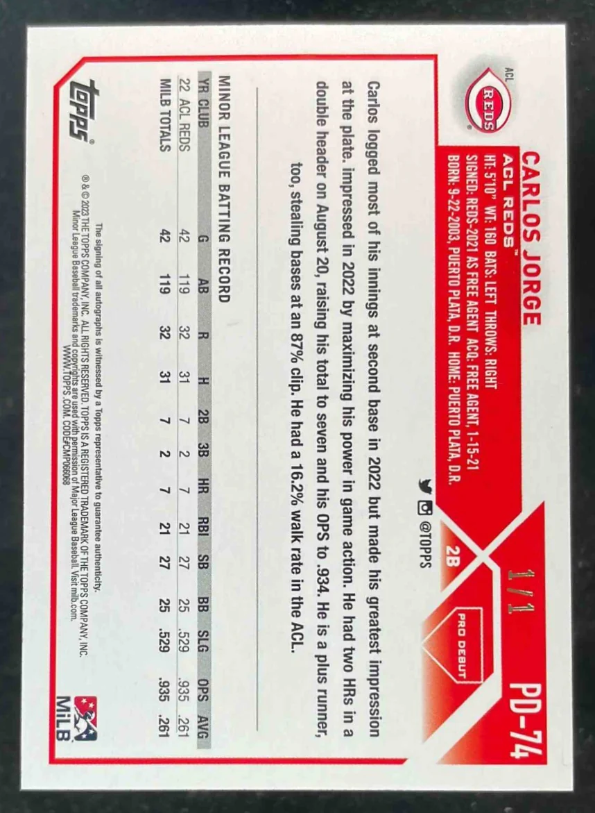 2023 Topps Pro Debut Autographs Foilfractor #PD-74 Carlos Jorge Auto 1/1 - Image 2
