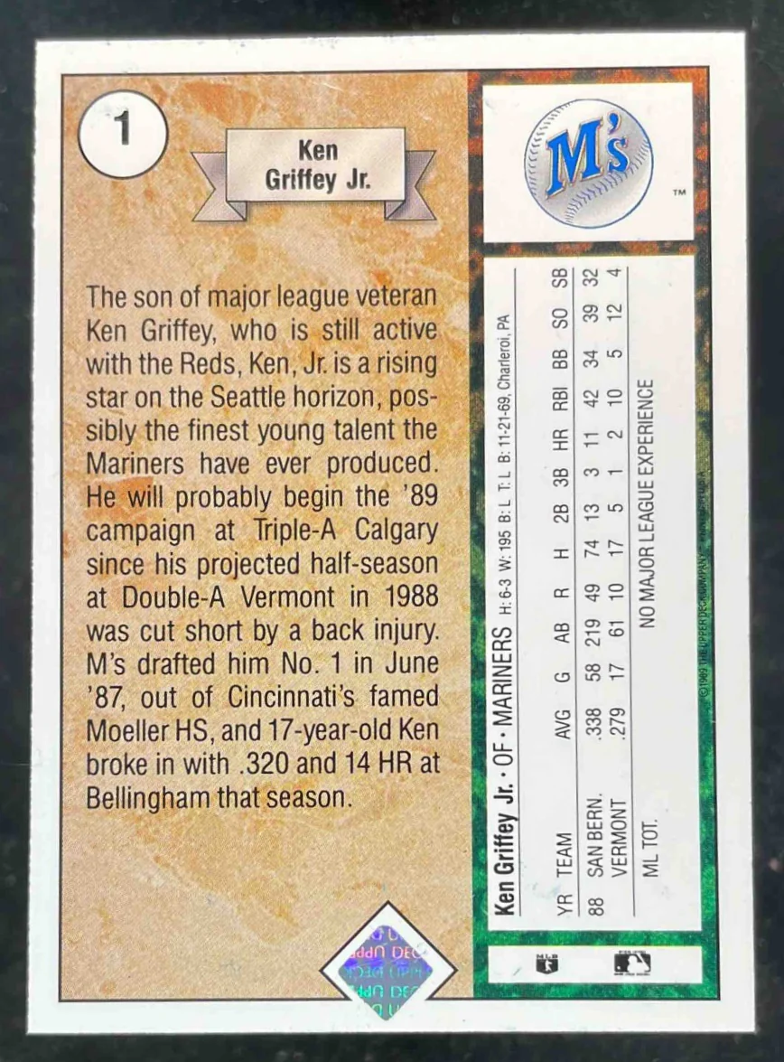 1989 Upper Deck #1 Ken Griffey Jr. RC - Image 2