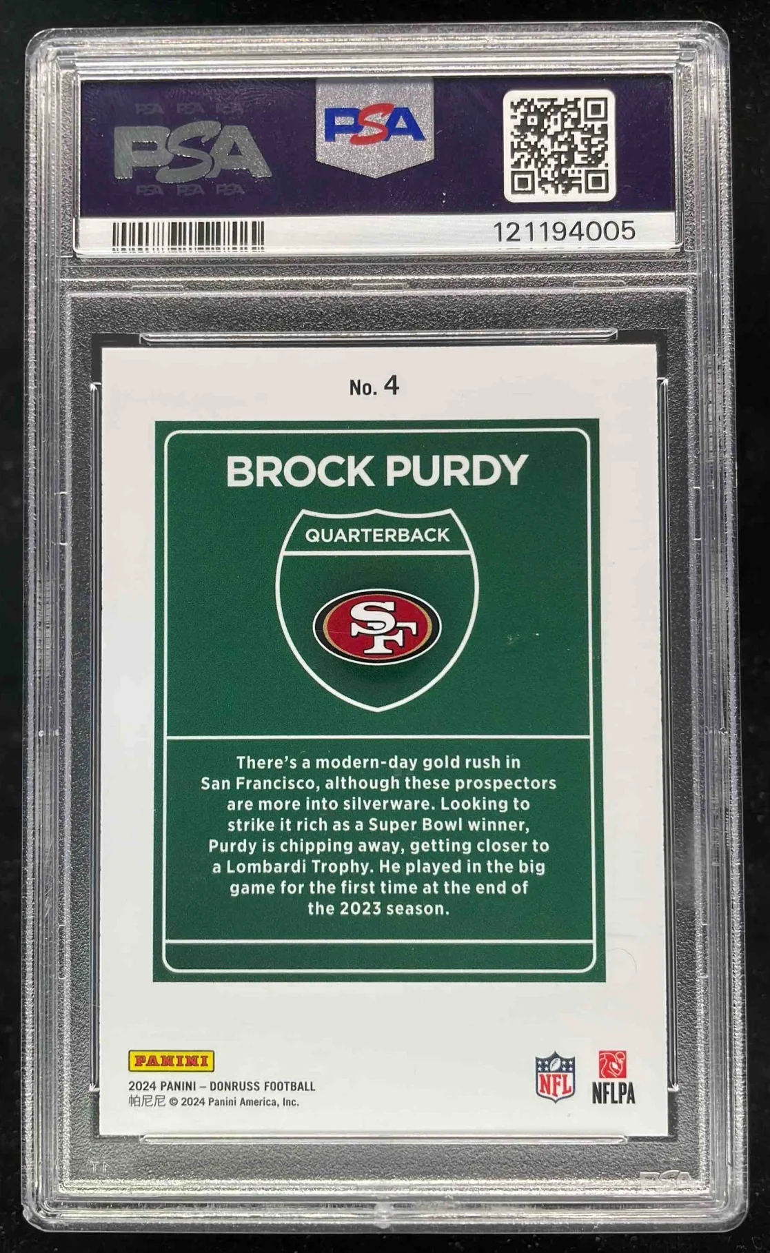 2024 Panini Donruss Downtown! SSP #4 Brock Purdy PSA 9 - Image 2