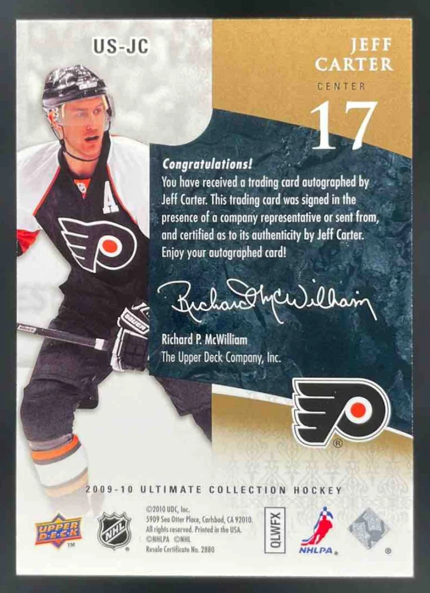 2009 Ultimate Collection Ultimate Signatures #US-JC Jeff Carter Autograph Auto - Image 2
