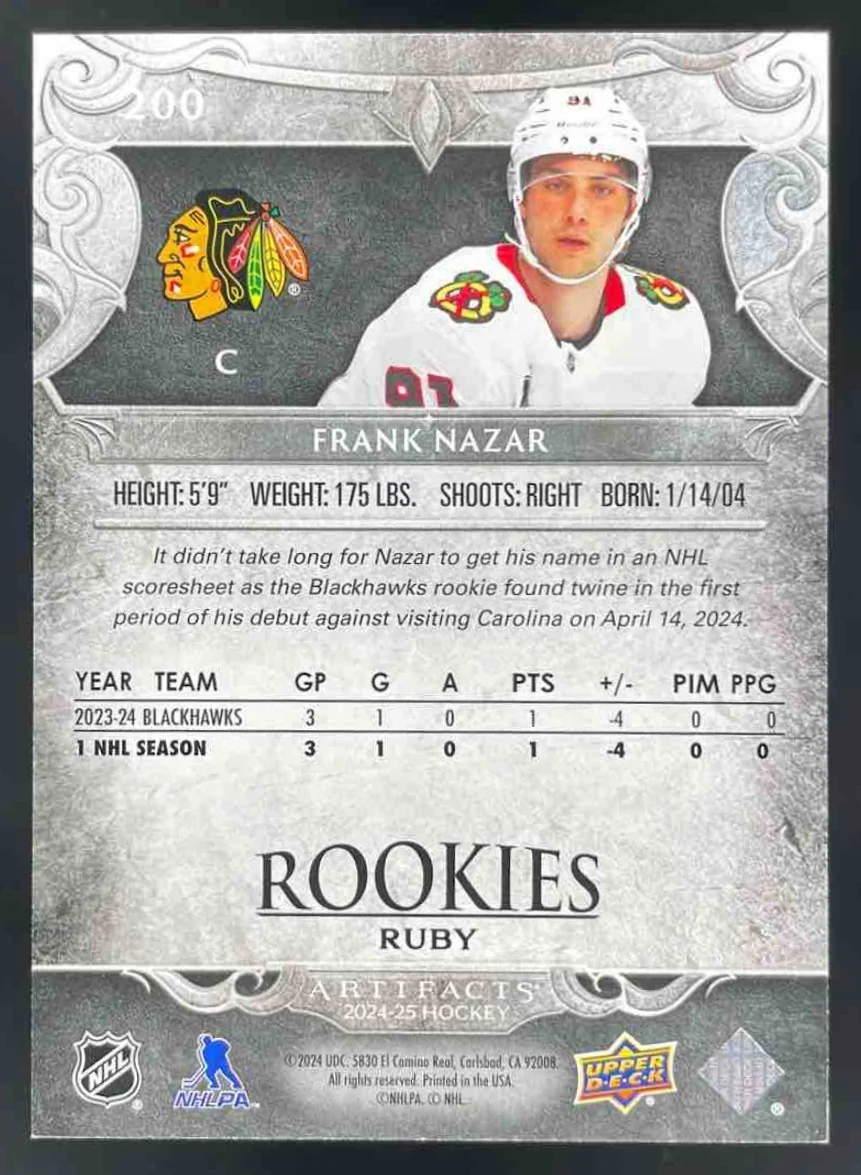 2024-25 Upper Deck Artifacts Ruby #200 Frank Nazar RC - Image 2