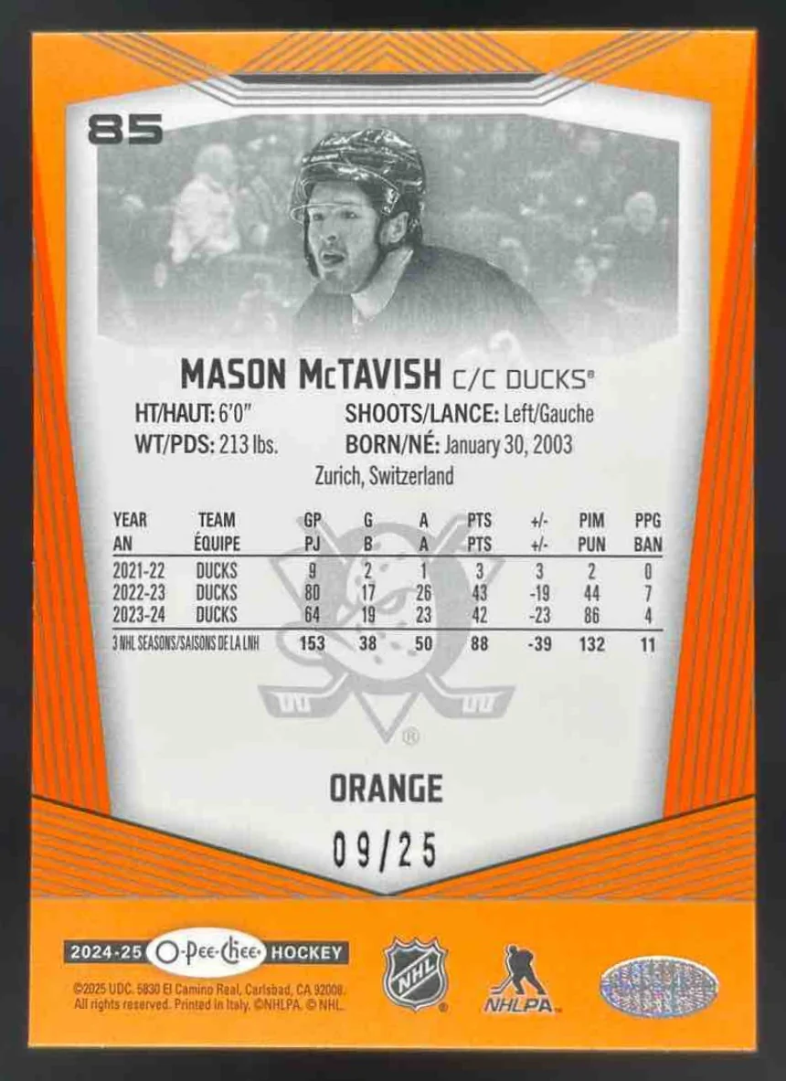 2024-25 O-Pee-Chee Orange Border #85 Mason McTavish /25 - Image 2