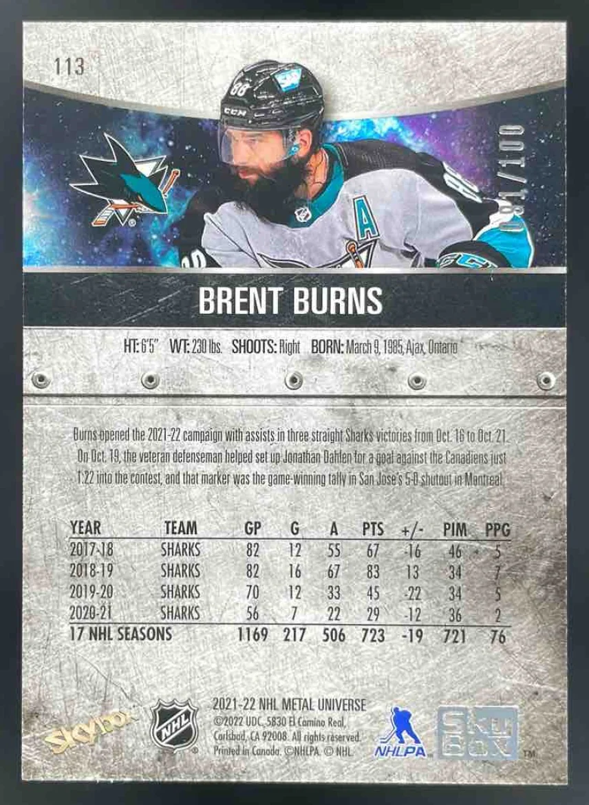 2021-22 Skybox Metal Universe Precious Metal Gems Red #113 Brent Burns /100 - Image 2