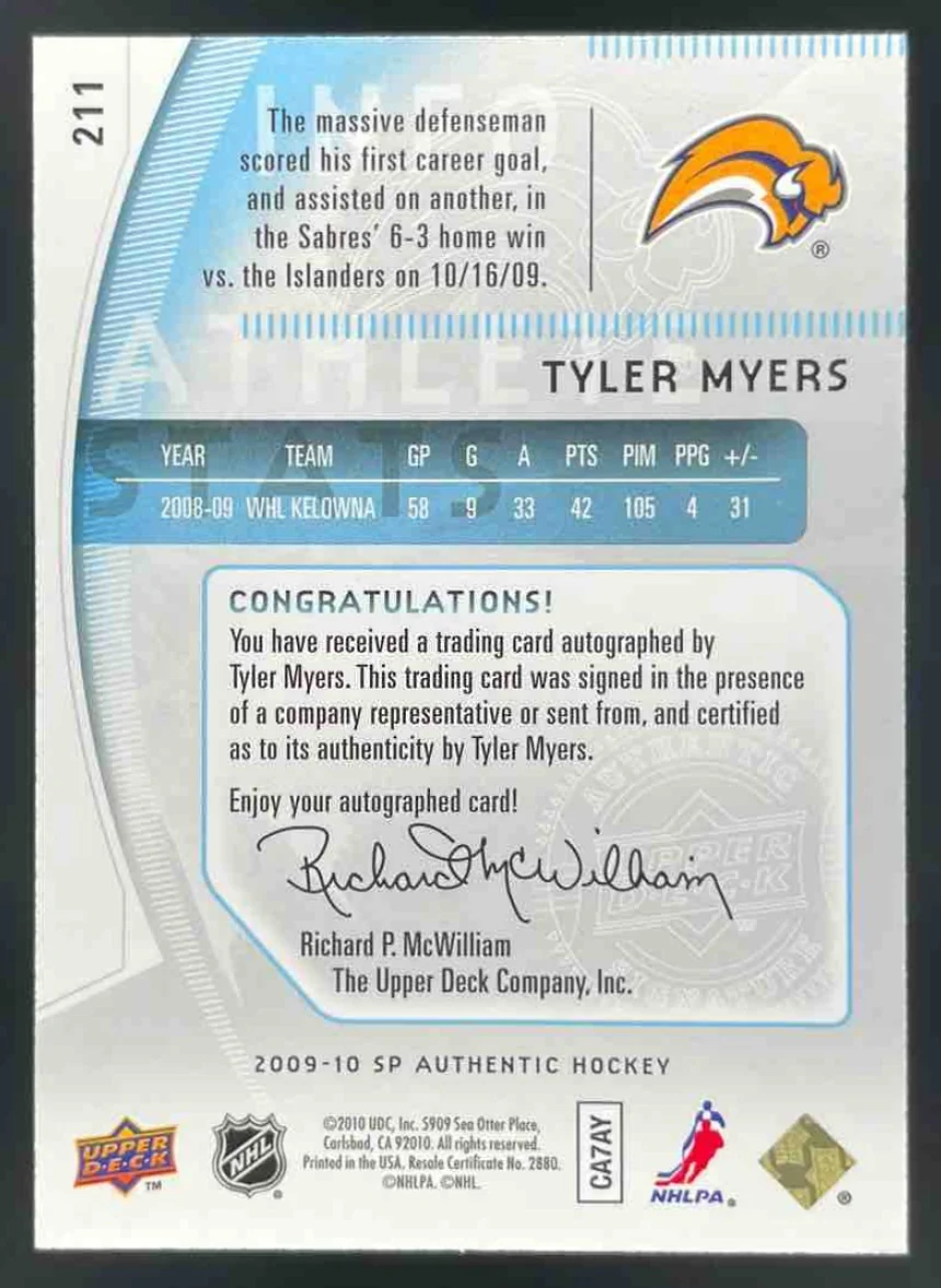 2009-10 SP Authentic #211 Tyler Myers Autograph RC Future Watch Auto /999 - Image 2