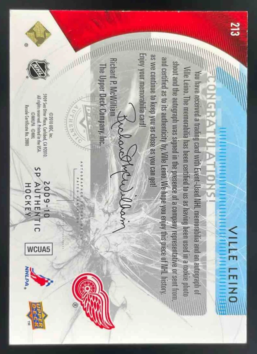 2009-10 SP Authentic Limited Patches #213 Ville Leino RC Auto /100 - Image 2