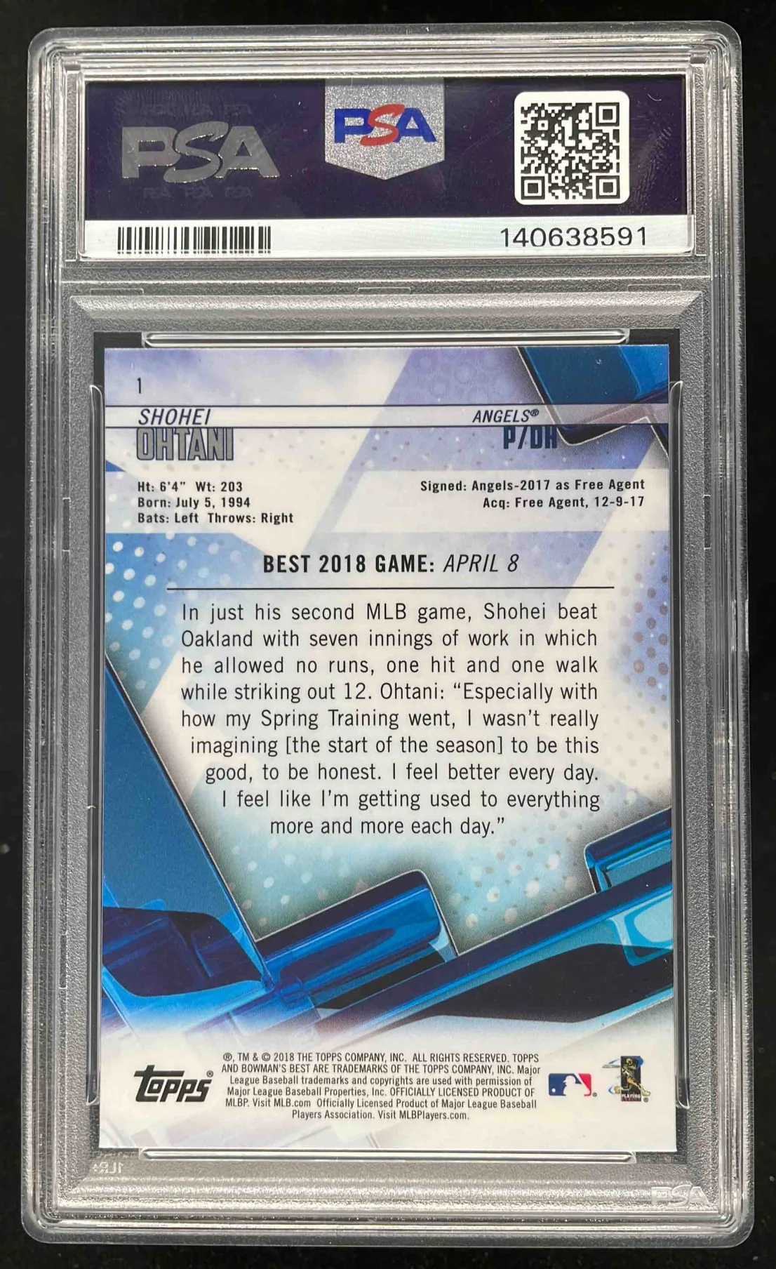 2018 Bowman Bowman's Best #1 Shohei Ohtani RC PSA 10 - Image 2