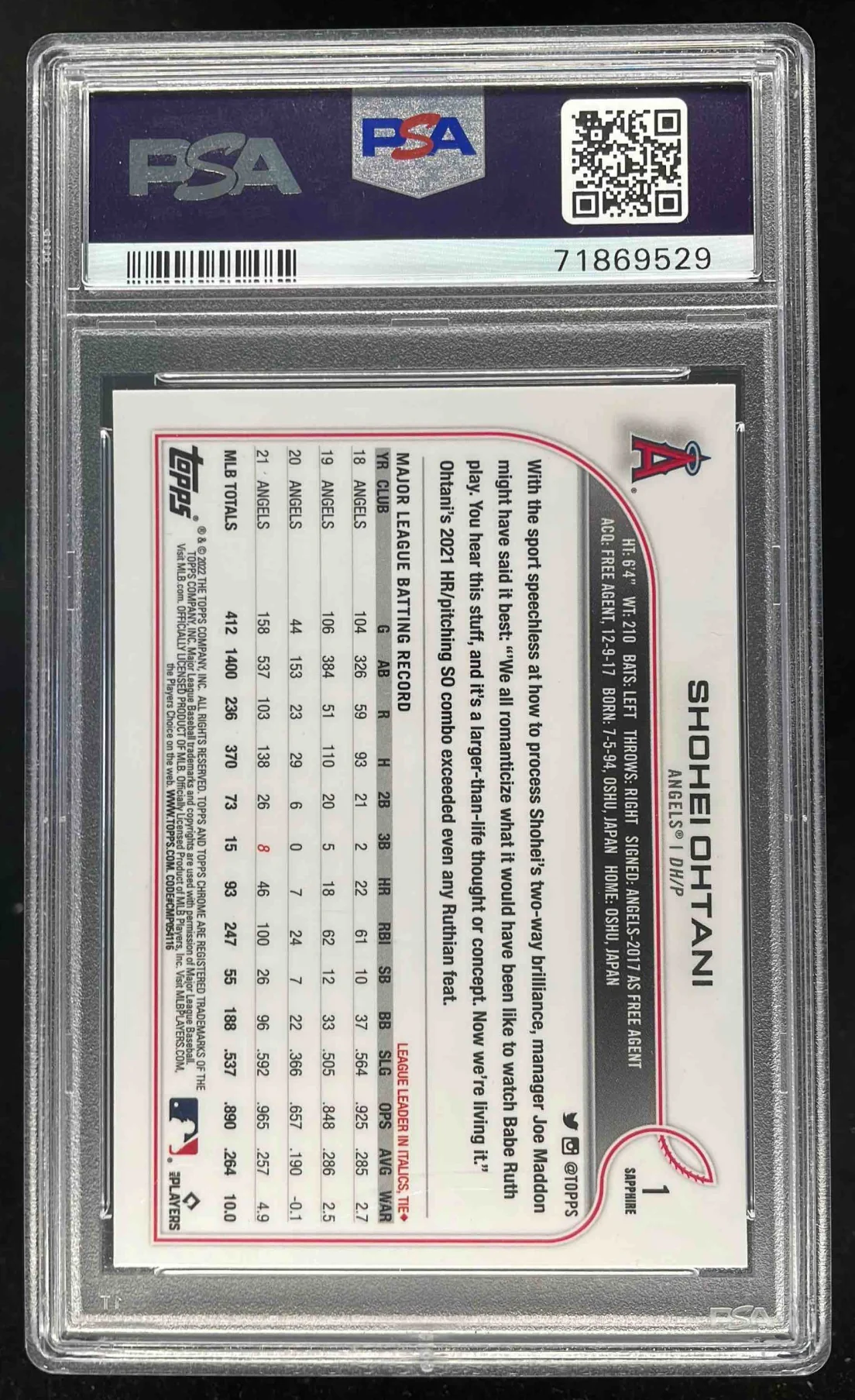 2022 Topps Chrome Sapphire Chrome #1 Shohei Ohtani PSA 10 - Image 2