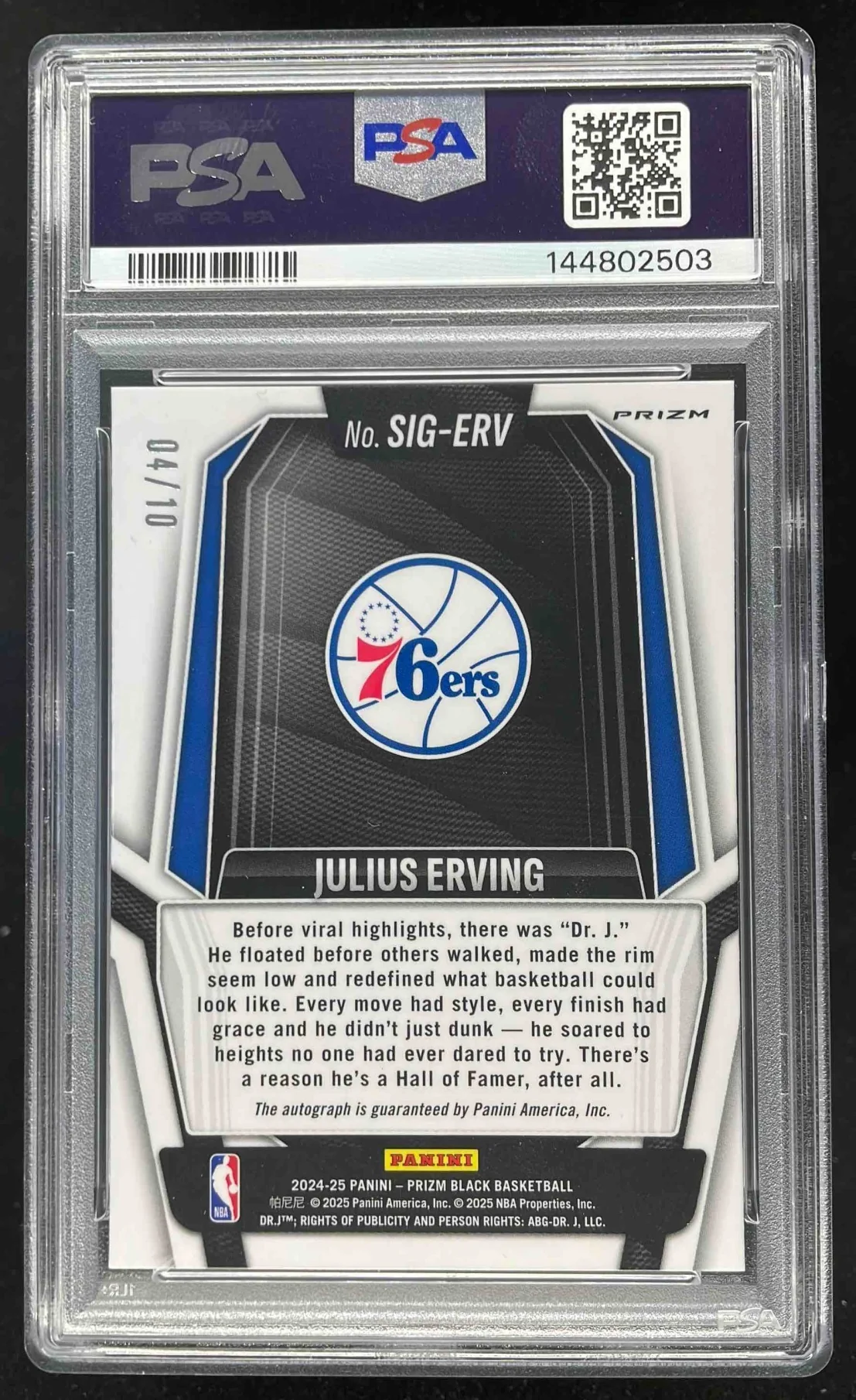 2024 Panini Prizm Black Gold Shimmer FOTL #SIG-ERV Julius Erving Auto /10 PSA 10 - Image 2