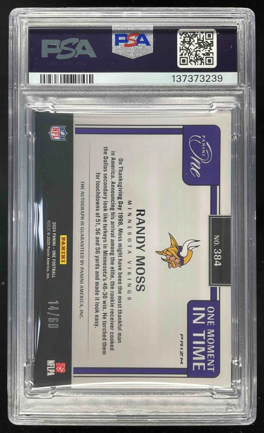 2024 Panini One One Moment in Time Autographs Red #384 Randy Moss Auto /60 PSA 9 - Image 2