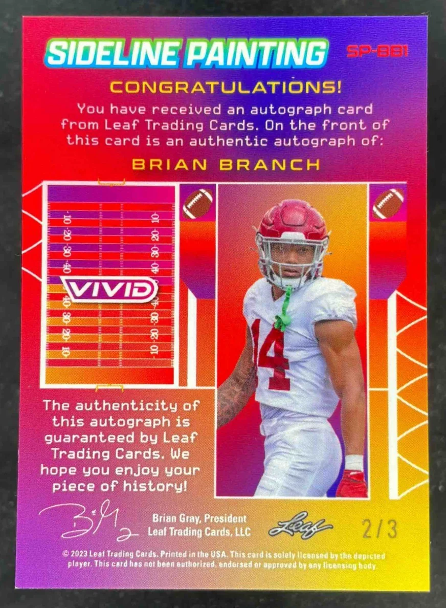 2023 Leaf Vivid Sideline Painting Crystal Orange #SP-BB1 Brian Branch RC Auto /3 - Image 2