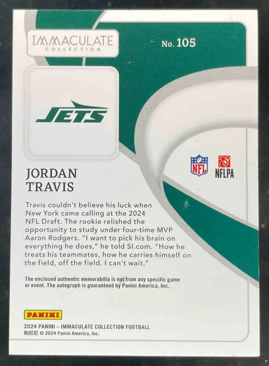 2024 Immaculate Rookie Patch Autographs Emerald #105 Jordan Travis RC Auto /18 - Image 2