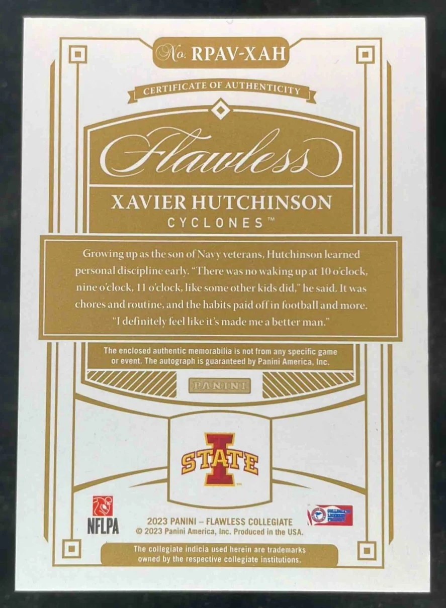 2023 Flawless Collegiate Patch Auto Vertical Sapphire Xavier Hutchinson RC /15 - Image 2