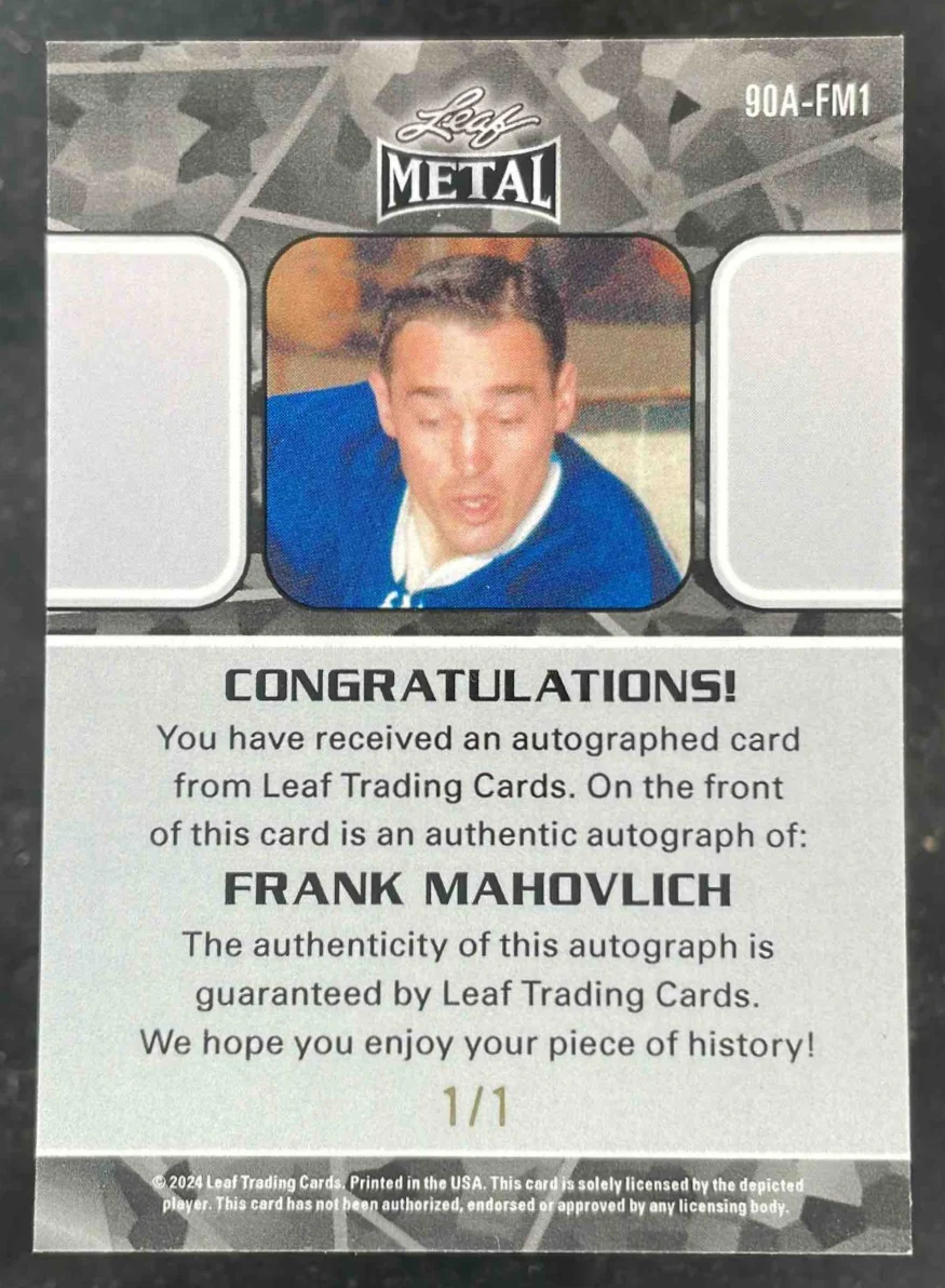 2024 Leaf Collective 1990 Leaf Auto White Shimmer Frank Mahovlich Auto 1/1 - Image 2