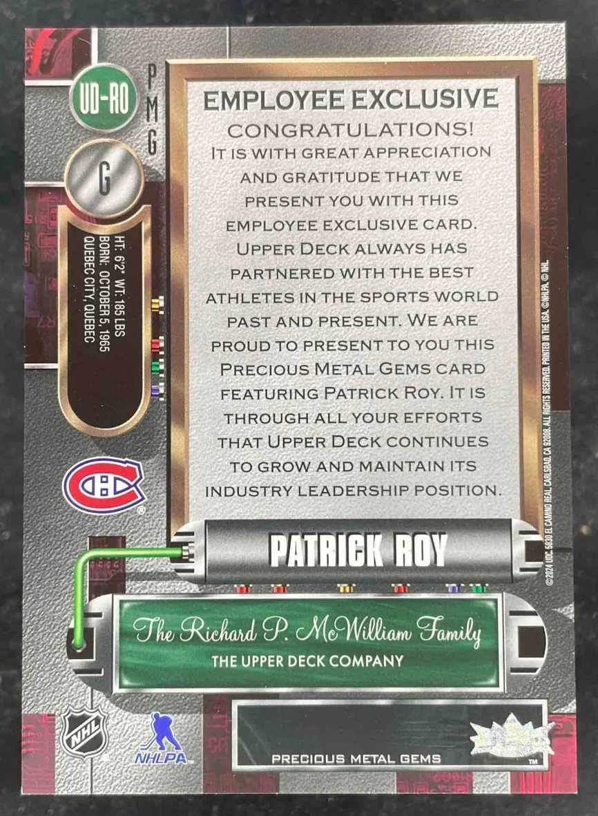 2022 Metal Universe Precious Metal Gems Employee Exclusive Pink Patrick Roy - Image 2