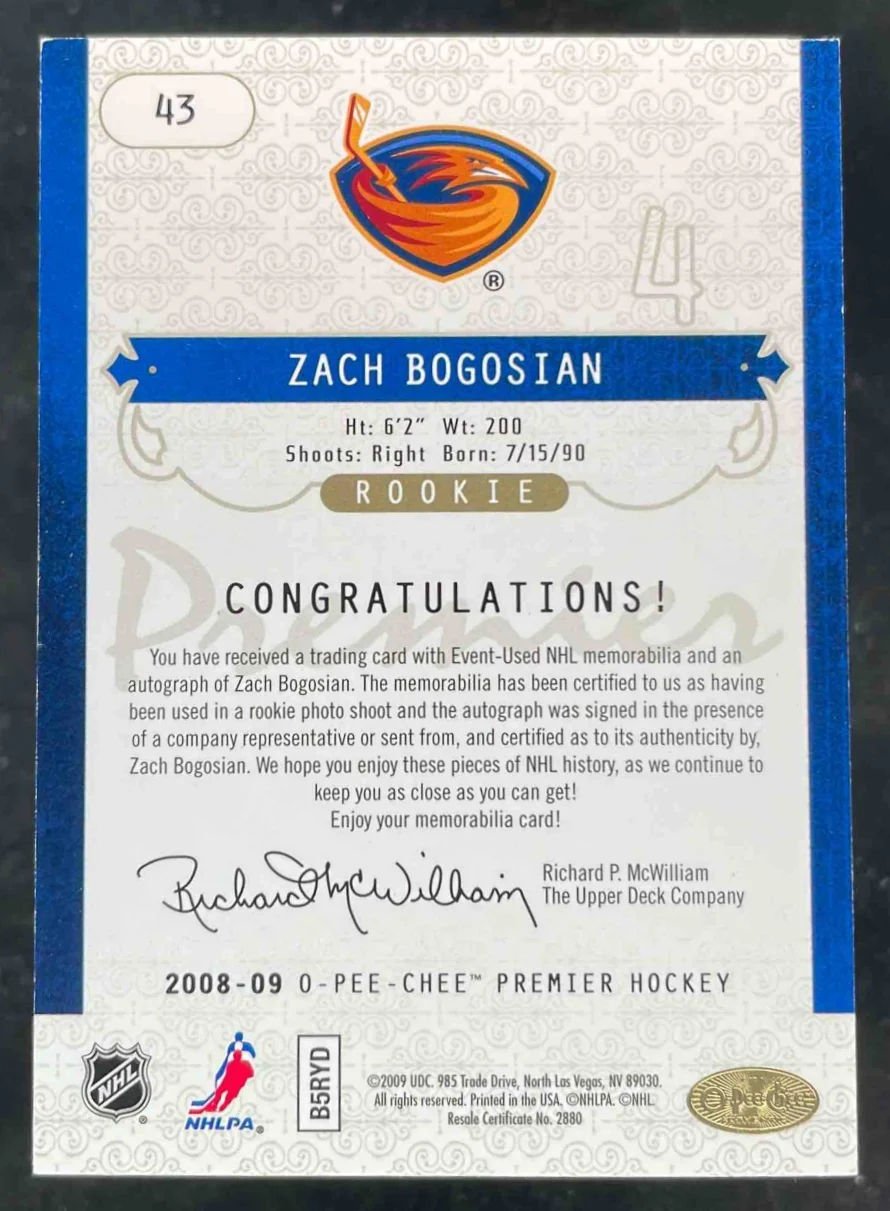 2008-09 O-Pee-Chee Premier Gold Spectrum #43 Zach Bogosian RC Auto /15 - Image 2
