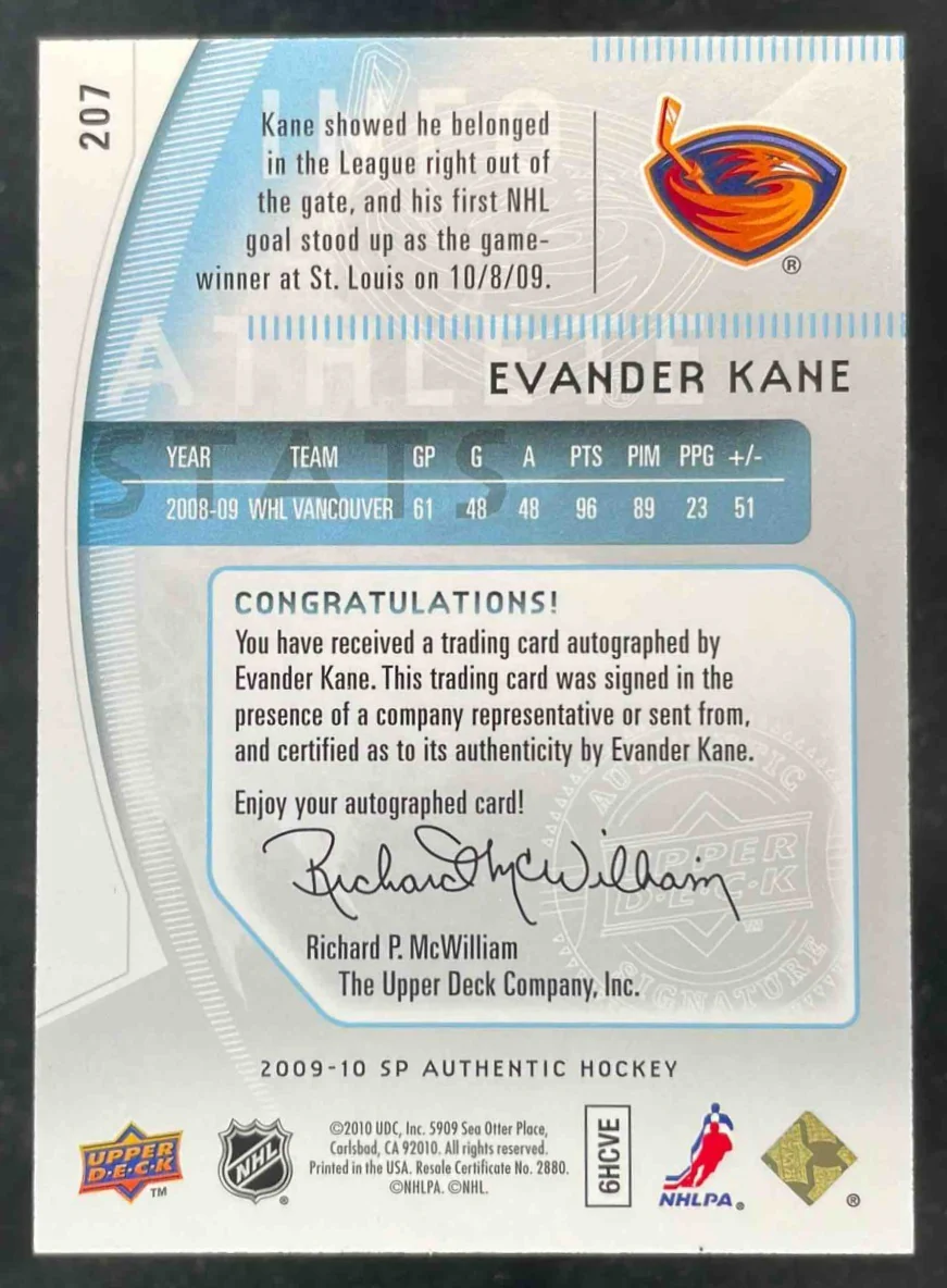 2009-10 SP Authentic #207 Evander Kane Autograph RC Future Watch Auto /999 - Image 2
